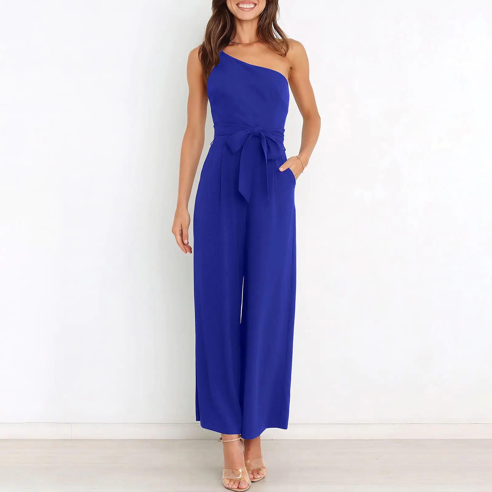 Women's Solid Color Slant Shoulder Jumpsuit for Commuting
