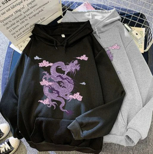 Candy Color Hooded Sweatshirt with Dragon Cloud Print