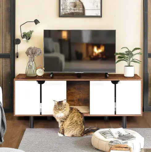 Double Cat Litter Box Enclosure - White Vintage TV Stand Cabinet