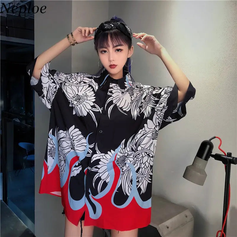 Vintage Printed Short Sleeve Shirt - Korean Style BF Top