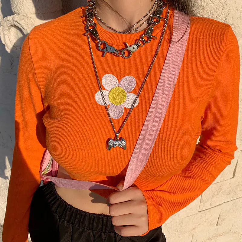 Petal Print Long Sleeve Crop Top