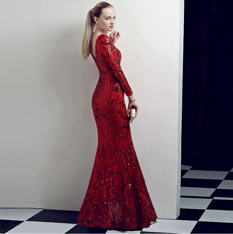 Deep V Long Sleeve Split Night Dress with Sequins