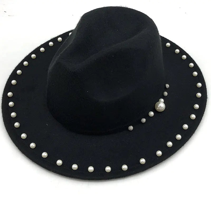 Pearl Wool Wide Brim Jazz Hat for Women