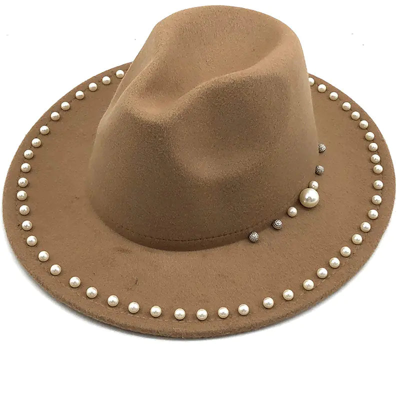 Pearl Wool Wide Brim Jazz Hat for Women
