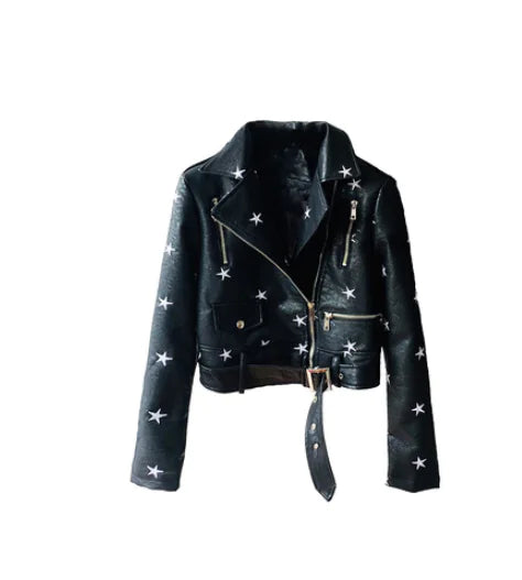 Star Embroidered Women's PU Leather Jacket (Short)