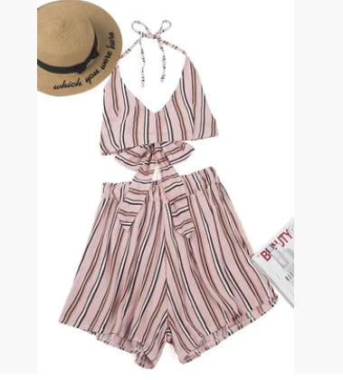Pink Striped Two-Piece Set with Backless Top and Shorts
