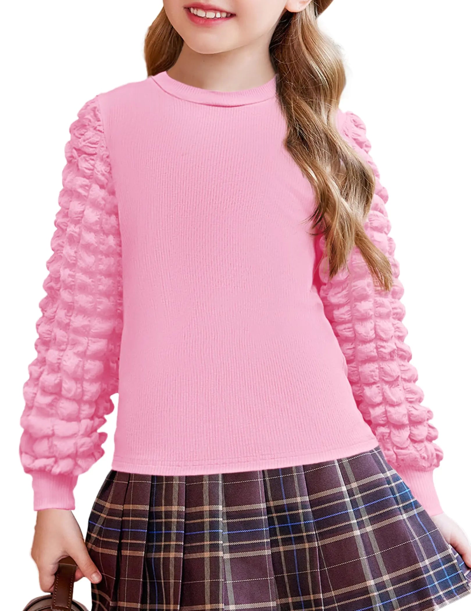 Arshiner Girls Blouses Long Sleeve T Shirts for Girls Tops Tees Puff Round Neck Rib Kids Tshirt Pink 9-10 Years