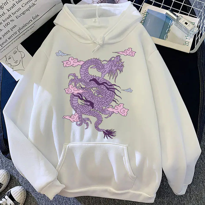 Candy Color Hooded Sweatshirt with Dragon Cloud Print