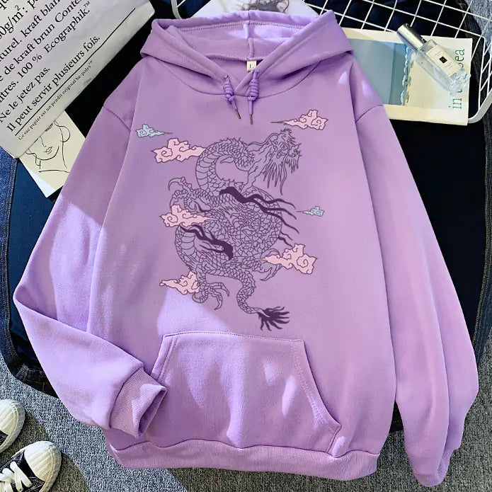 Candy Color Hooded Sweatshirt with Dragon Cloud Print