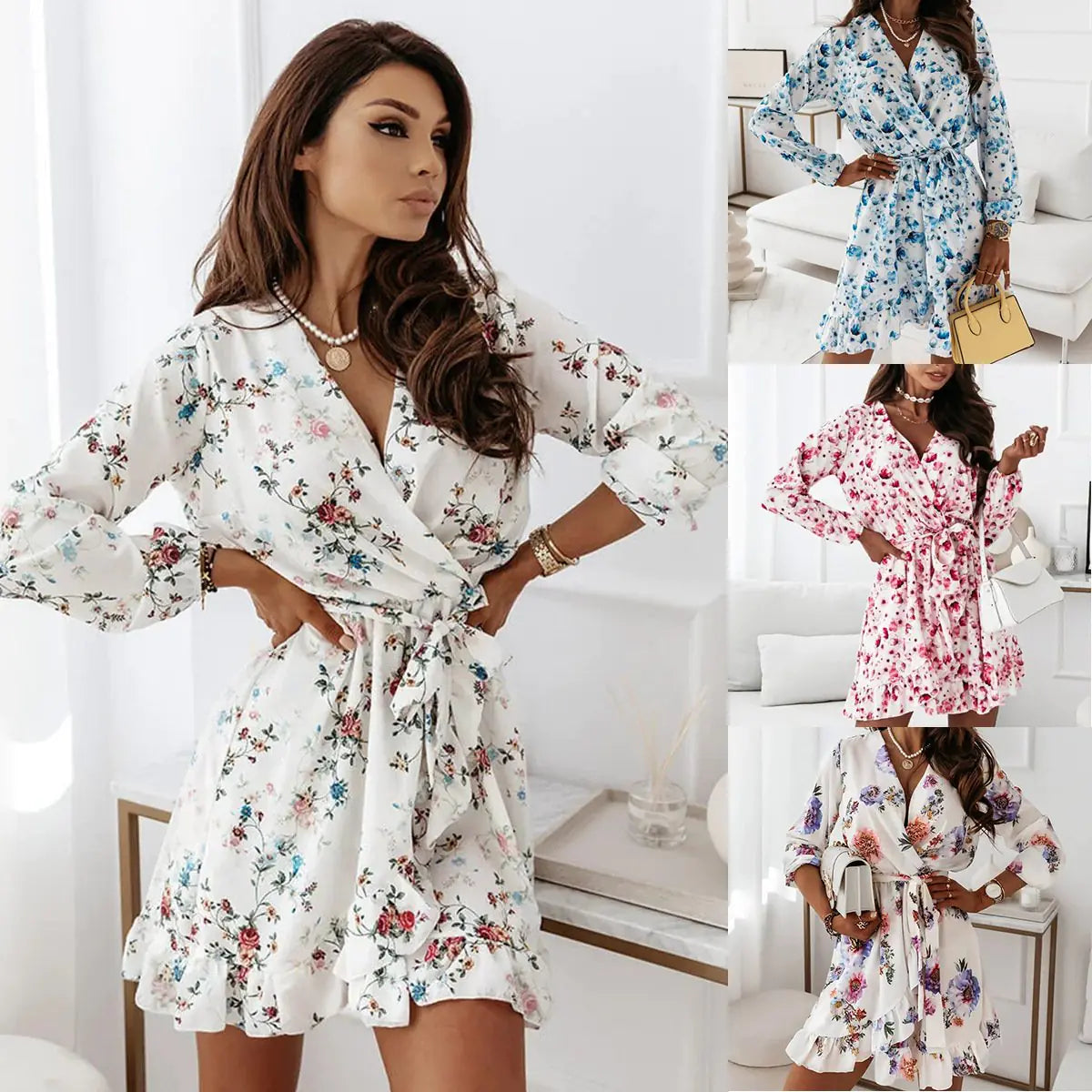 Irregular Ruffle Print Long-Sleeve Dress