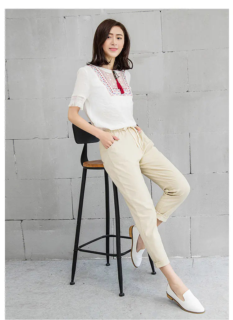 Cotton Linen Cropped Pants - Loose Fit Harem Style