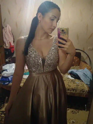 Handmade Deep V-Neck Evening Dress for Parties