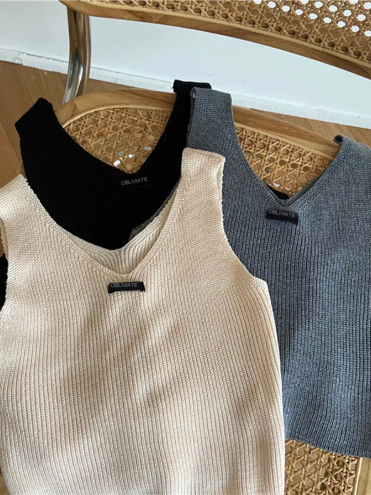 Elegant V-Neck Knitted Cotton Tank Top for Women