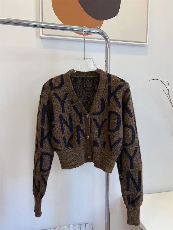 Letter Pattern Knit Cardigan Long Sleeve Crop