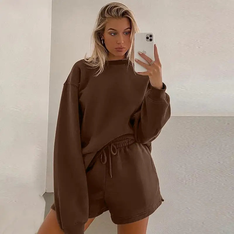 Round Neck Pullover Sweatshirt and Shorts Set