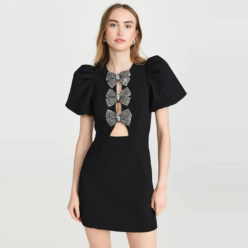 Puff Sleeve Bowknot Hollowed Sheath Bandage Dress