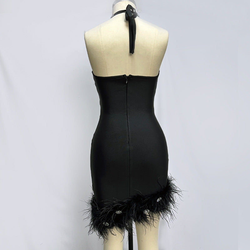 Purple Halter Rhinestone Feather Bandage Glamour