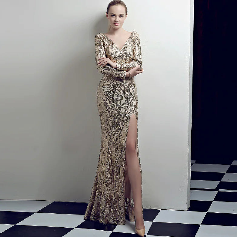 Deep V Long Sleeve Split Night Dress with Sequins