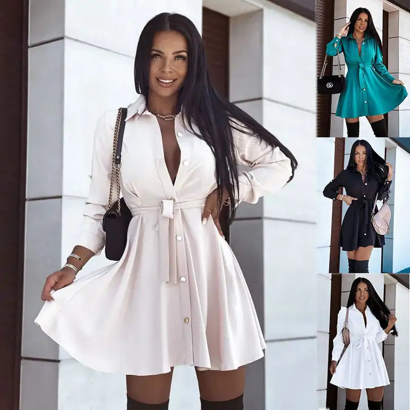 Lapel Button Lace Up Dress for Beauty