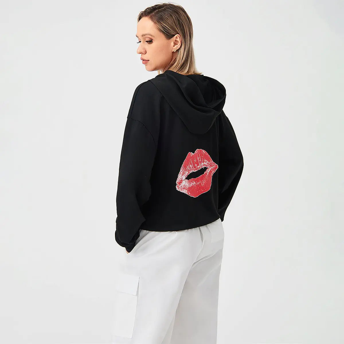 Stylish Loose-Fitting Hoodie with Red Lip Print