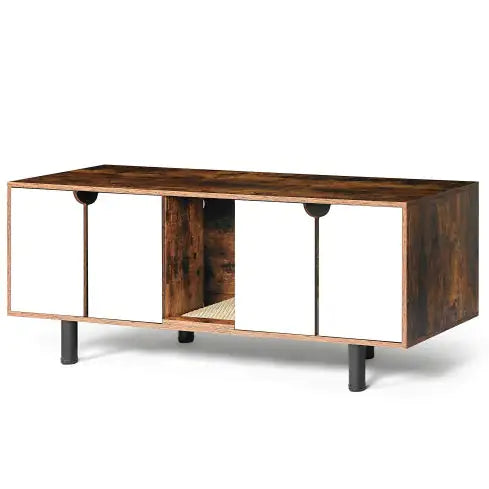 Double Cat Litter Box Enclosure - White Vintage TV Stand Cabinet