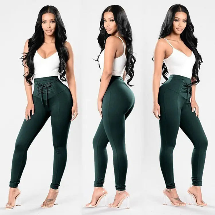 Plus Size Cotton Lace-Up Pencil Trousers for Women
