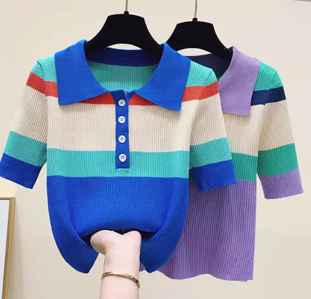 Color Stitching Slim Fit Lapel T-shirt with Short Sleeves