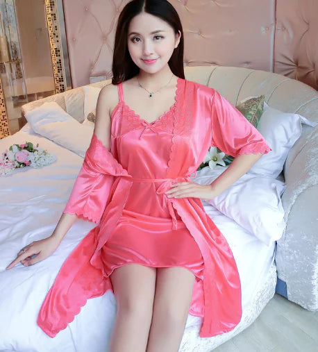Silk Robe and Nightgown Set with Lace Details for Women