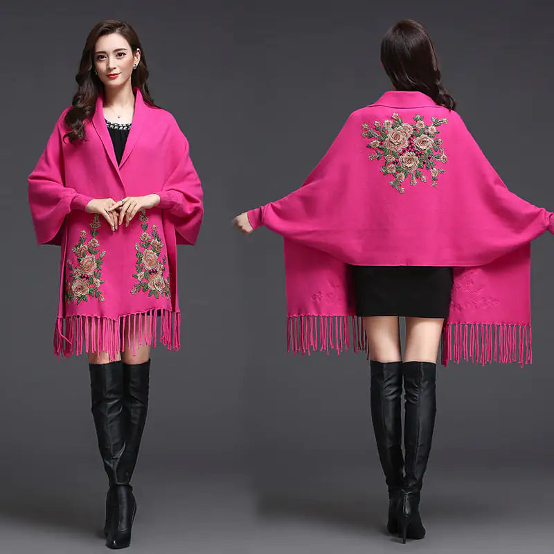 Embroidered Women's Shawl Cape Thick Sweater Coat