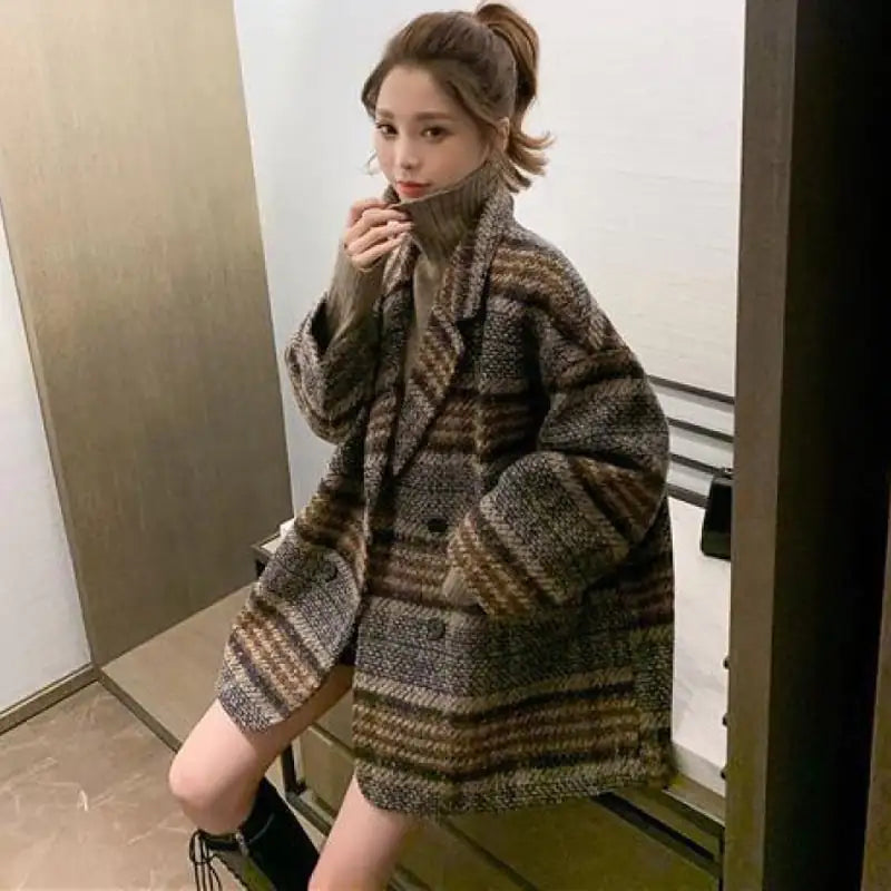 Loose Plaid Tweed Mid-Length Coat