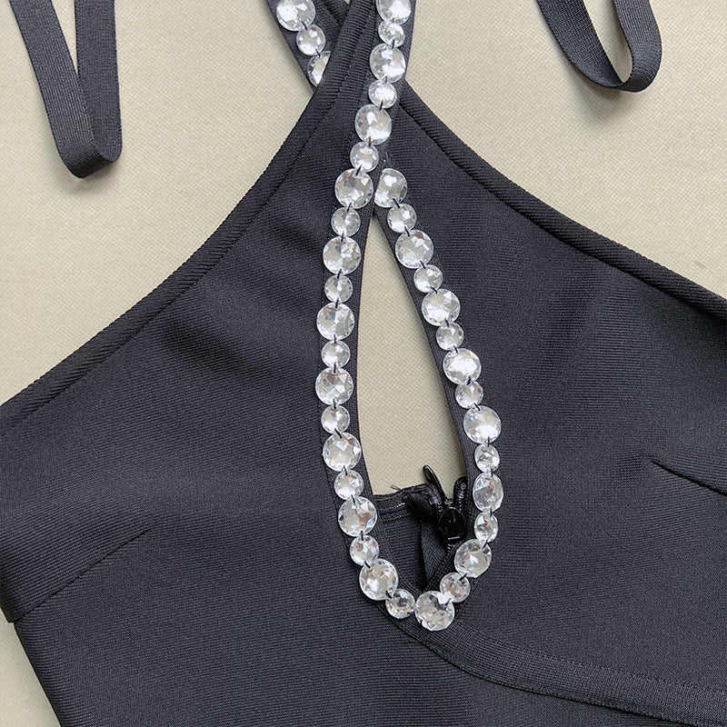 Purple Halter Rhinestone Feather Bandage Glamour