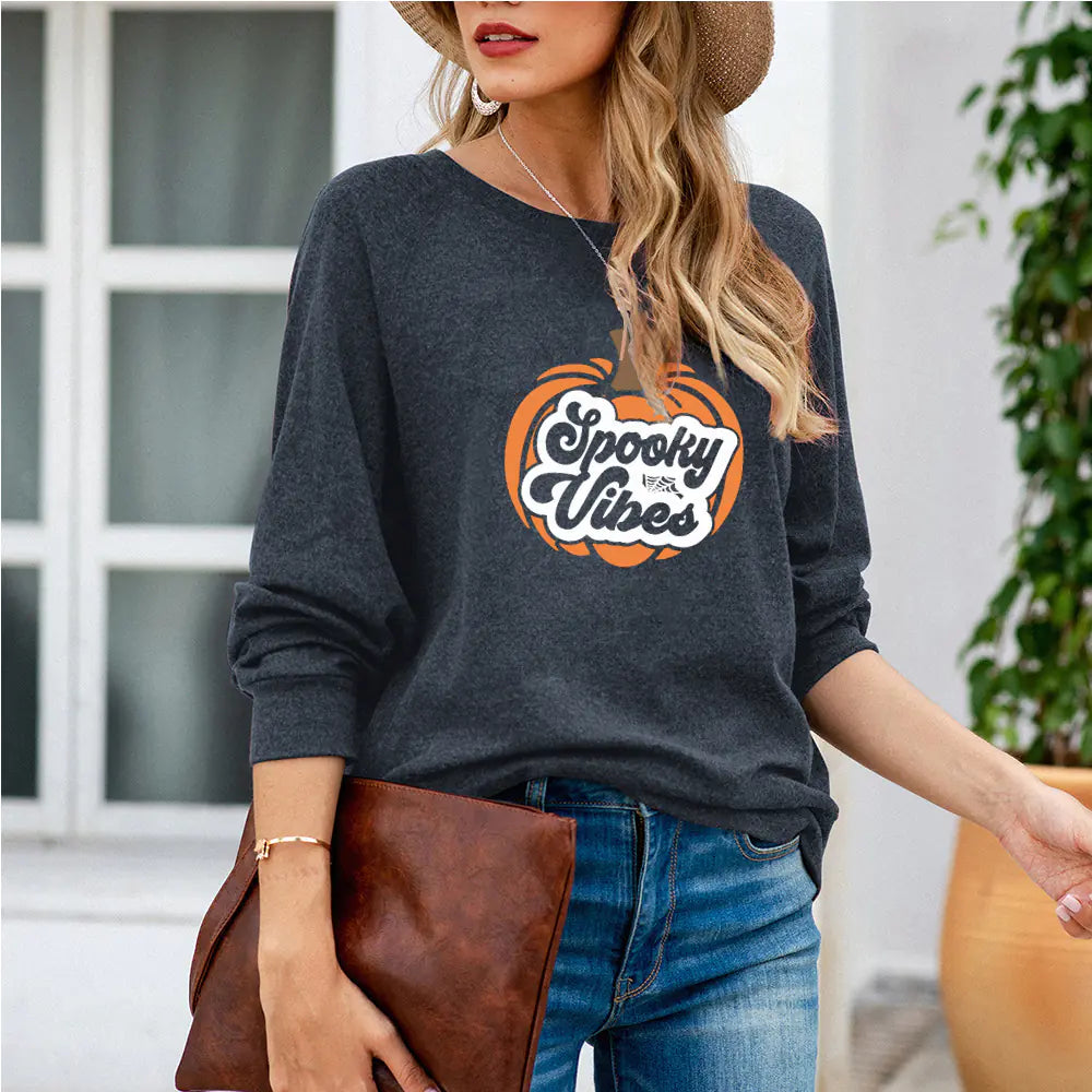 Women's Long-Sleeved T-Shirt with Halloween Pumpkin Print