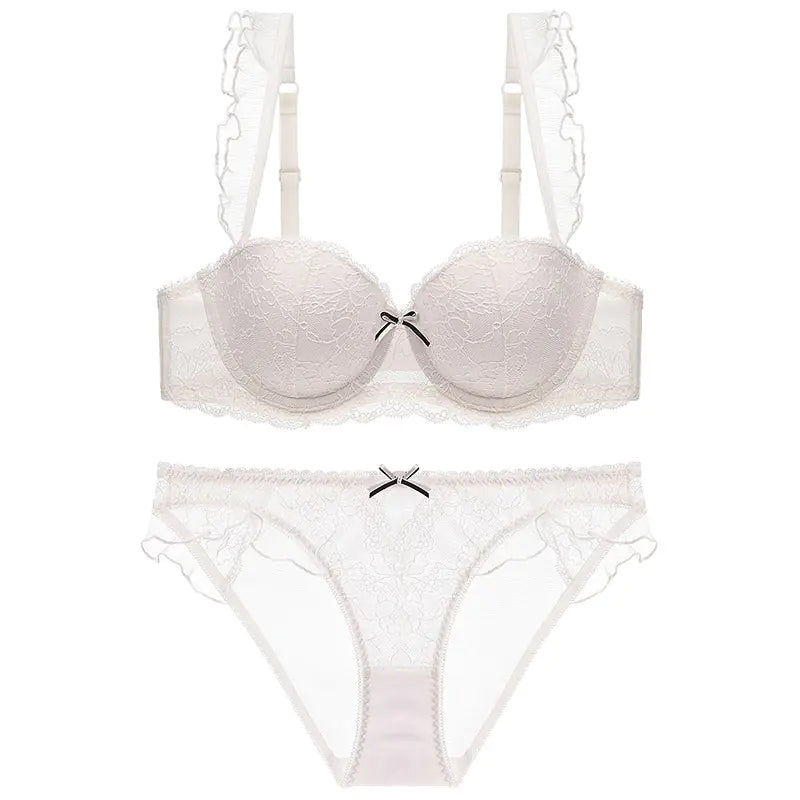 Lace Trim Push-Up Bra and Ruffled Lingerie Set