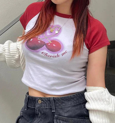 Street Cherry Print Slim-fit T-shirt with Rotator Sleeve