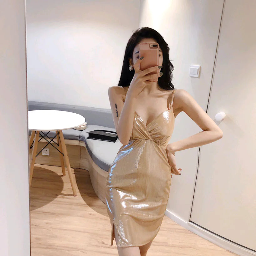 Shiny Silver Strapless Bodycon Dress for Women