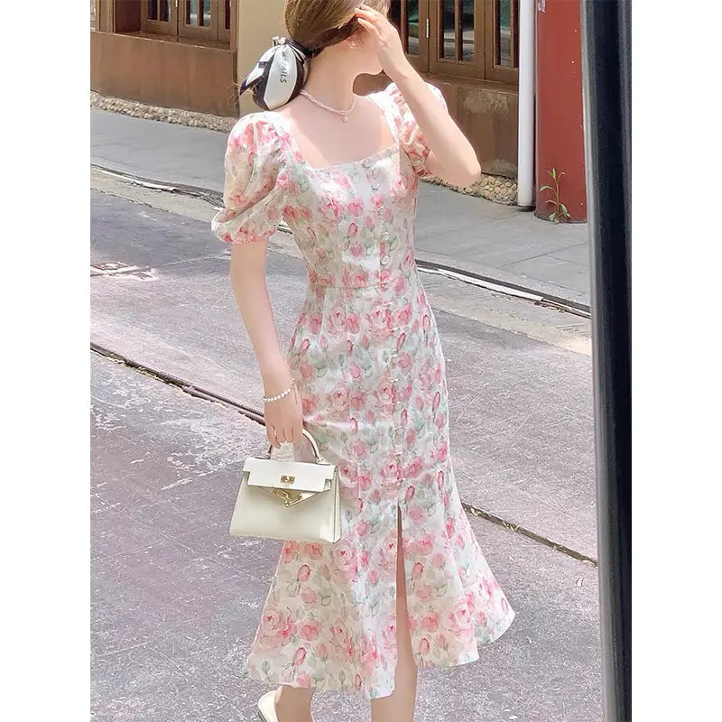Pink Floral Dress with White Thin Bubble Sleeves