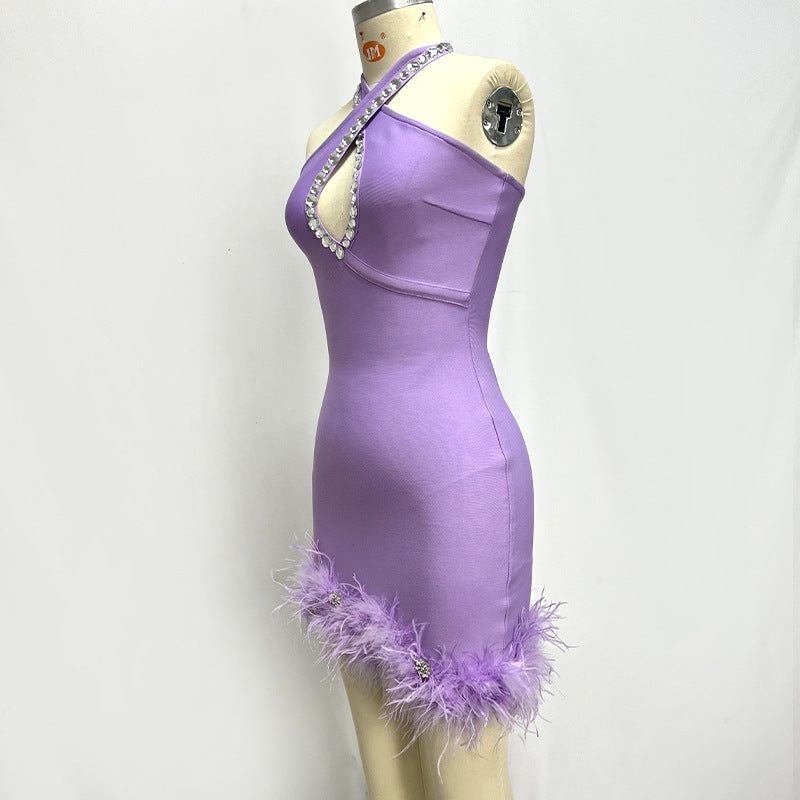 Purple Halter Rhinestone Feather Bandage Glamour