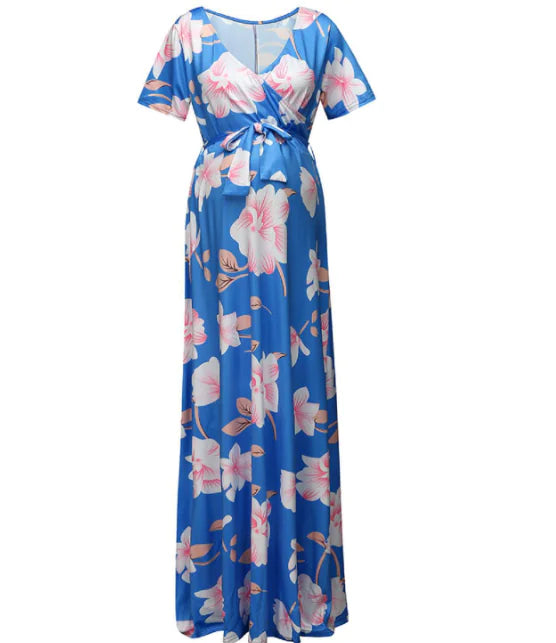 Floral Maxi Dress with V-Neck for Maternity Wear