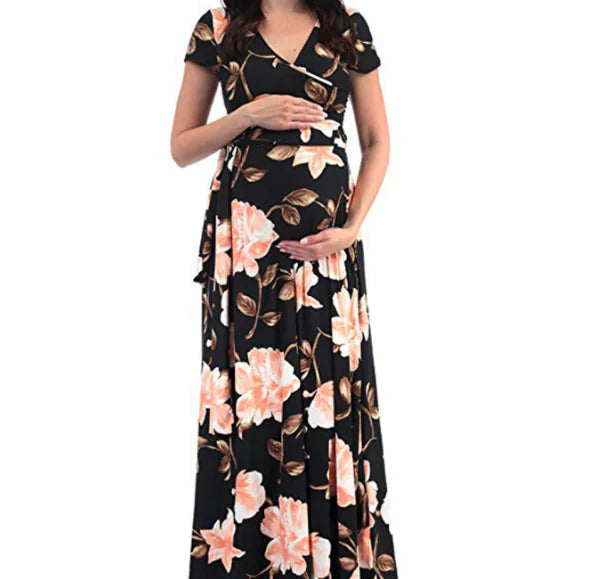 Floral Maxi Dress with V-Neck for Maternity Wear