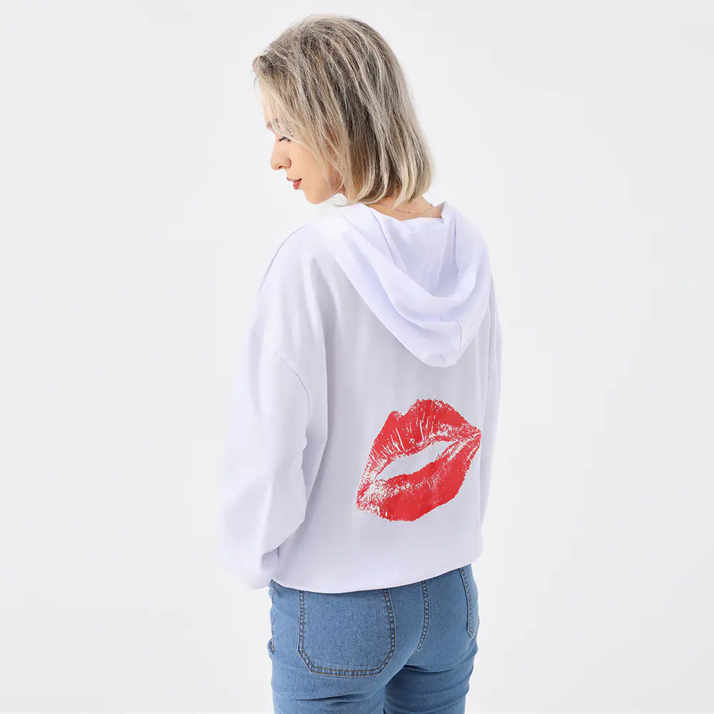 Stylish Loose-Fitting Hoodie with Red Lip Print