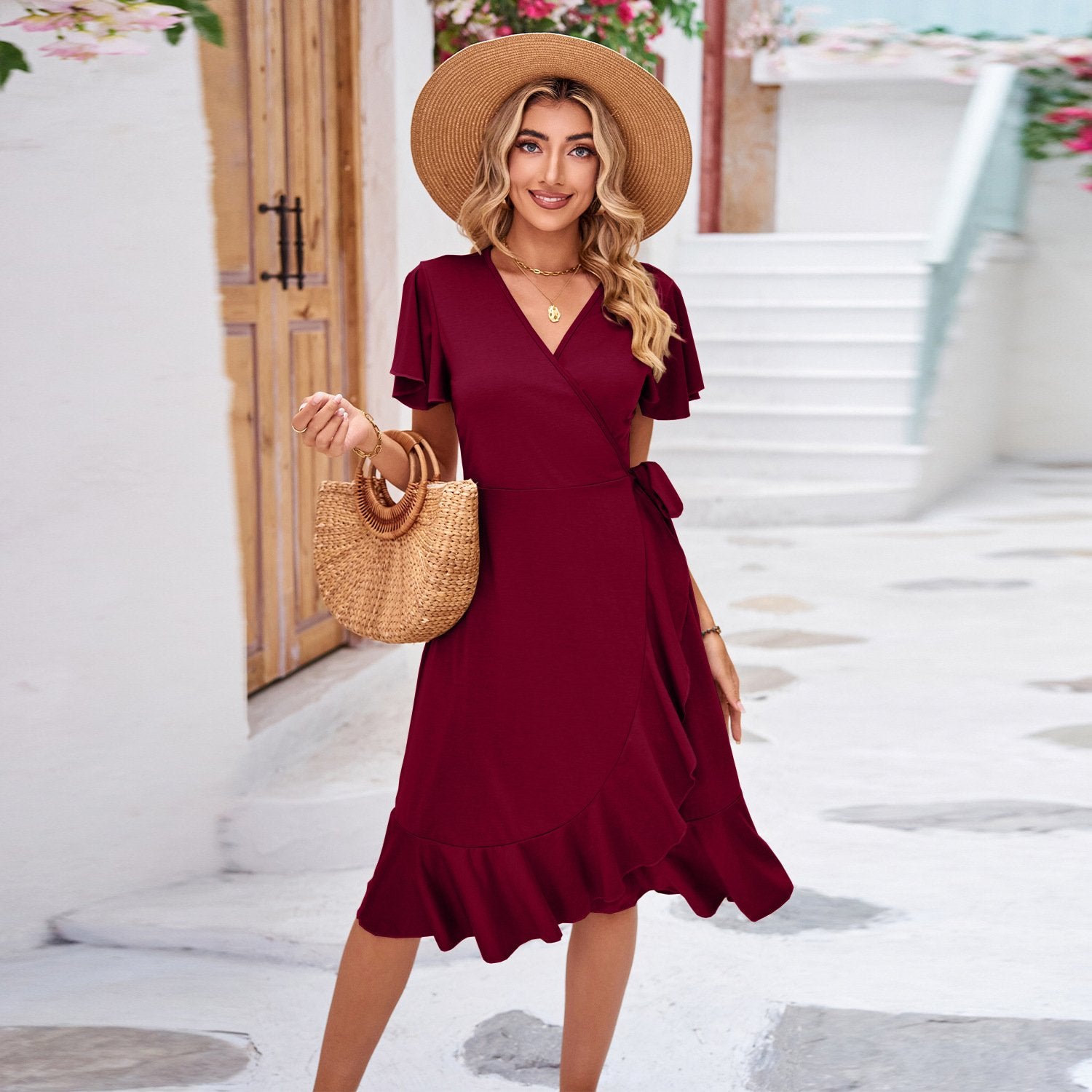 Cross V-Neck Lace-Up Dress