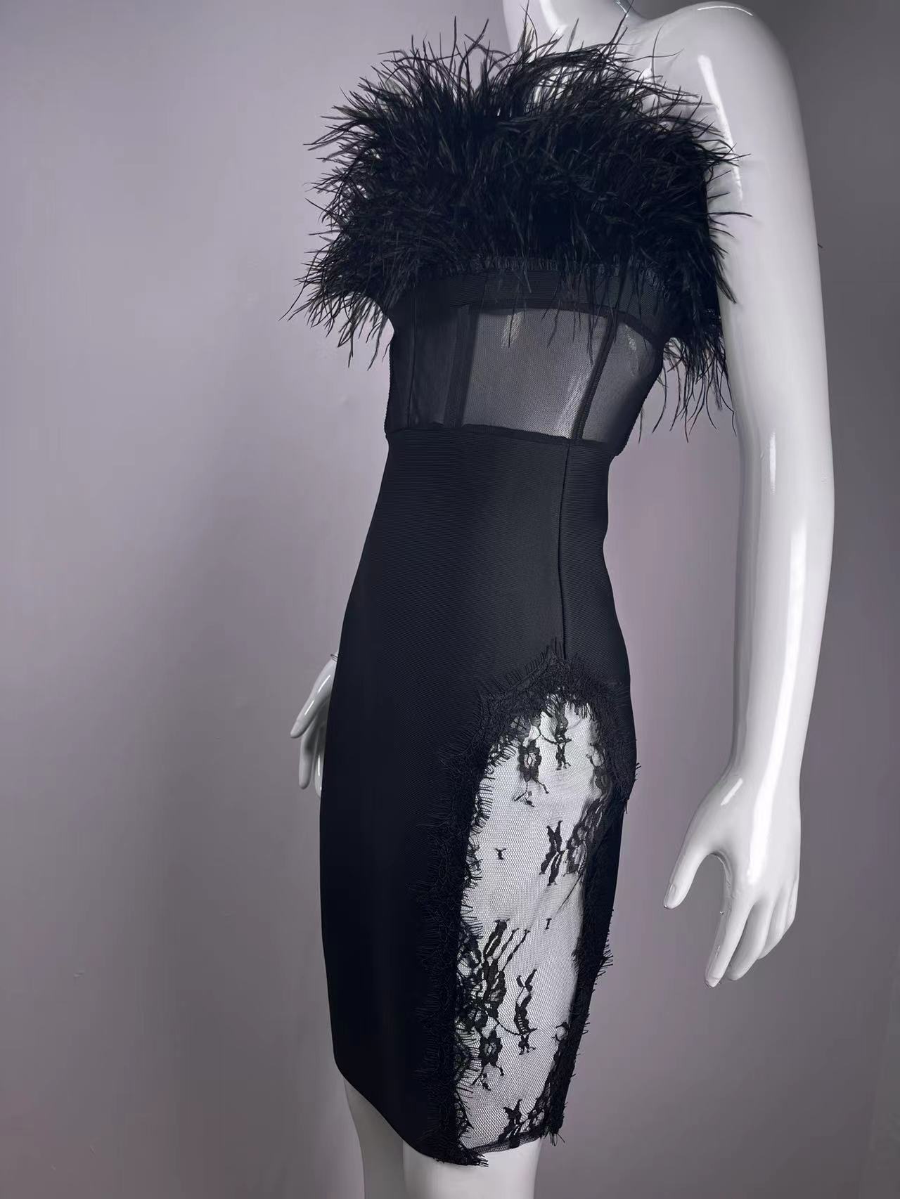 European and American Fashion Sexy Tube Top Ostrich Feather Mesh Lace Bandage One-Piece Dress