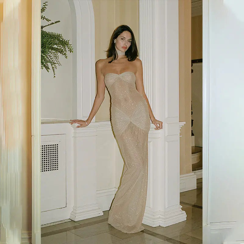 Shiny Ruched Strapless Long Dress for Women