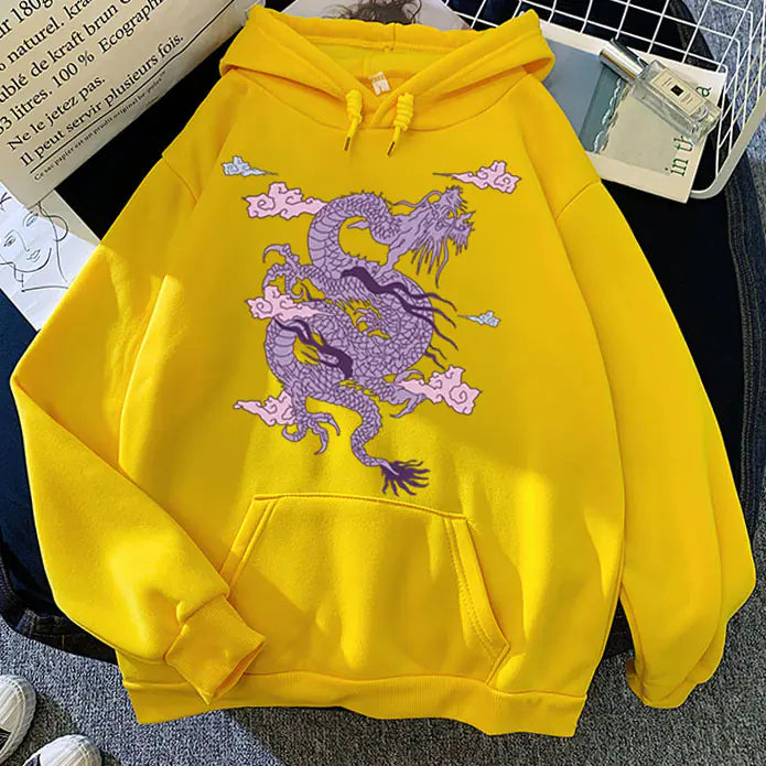 Candy Color Hooded Sweatshirt with Dragon Cloud Print