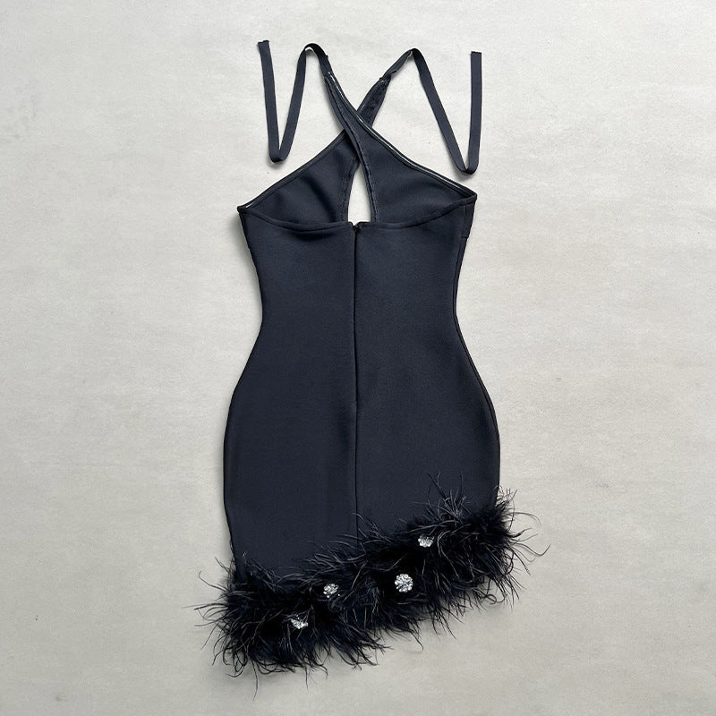 Purple Halter Rhinestone Feather Bandage Glamour