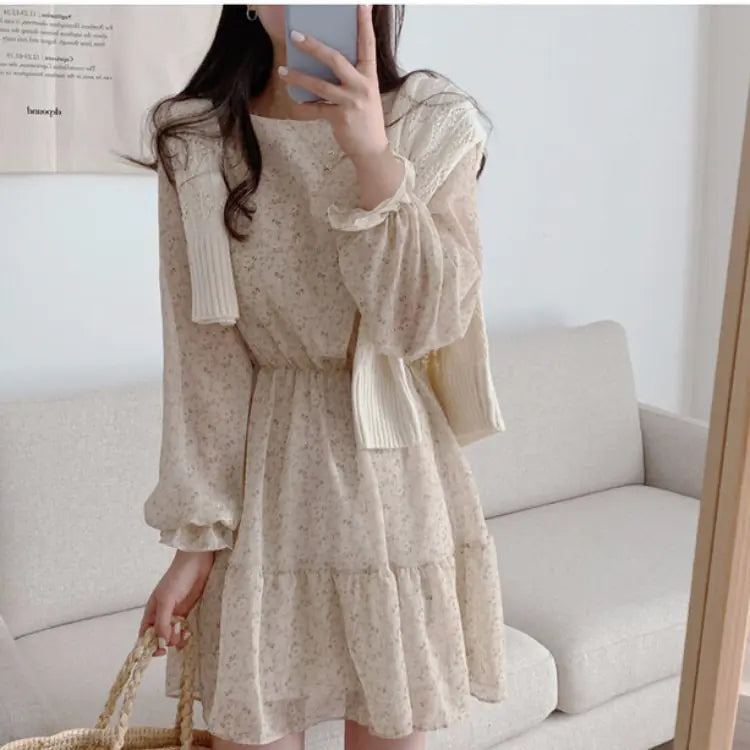 Long Sleeve Round Neck Ruffled Skirt with Elastic Waist