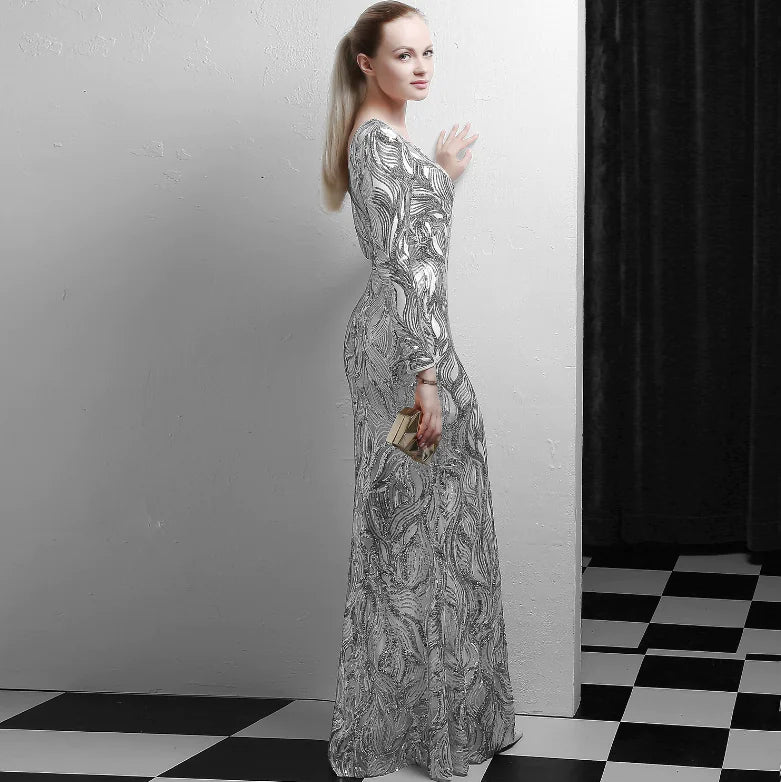 Deep V Long Sleeve Split Night Dress with Sequins