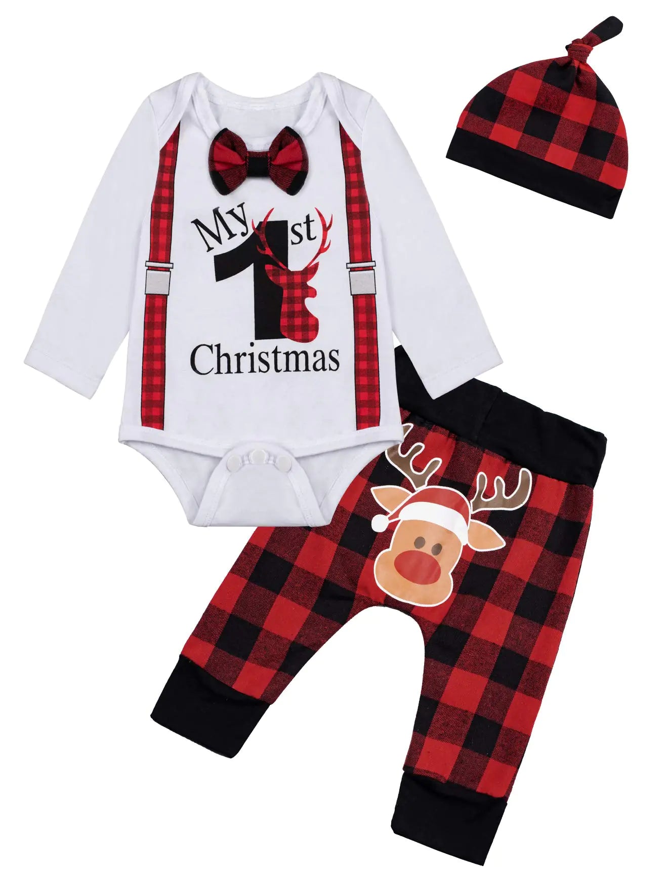 Baby Boy My First Christmas Outfit Set Xmas Bowtie Strap Romper Deer Plaid Pants with Hat (0-3 Months) White