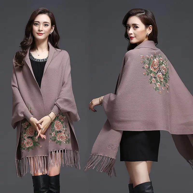 Embroidered Women's Shawl Cape Thick Sweater Coat