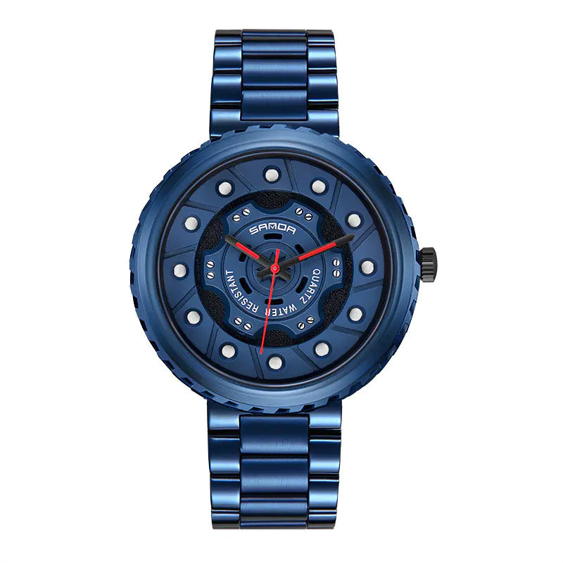 Men's Steel Band Quartz Watch with Hollow Dial Design